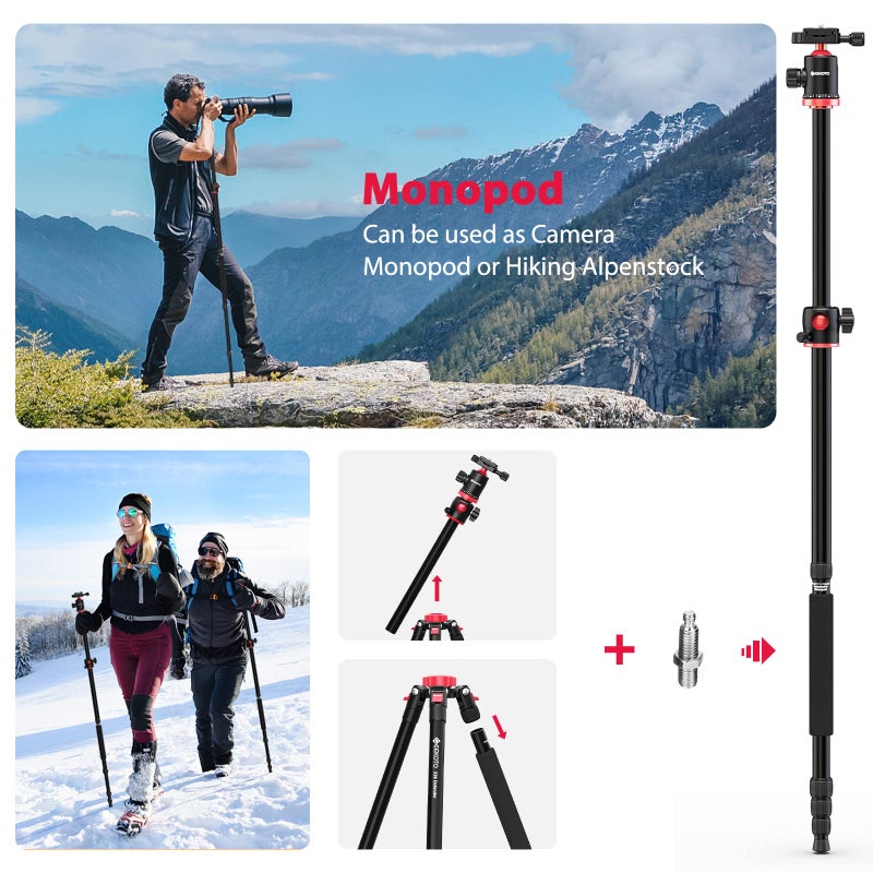 GEEKOTO Aluminum Camera Tripod with 360-Degree Ball Head and Rotatable Center Column, for DSLR and Video Camcorder, 75-Inch Professional Tripod for Travel and Work - Image 4